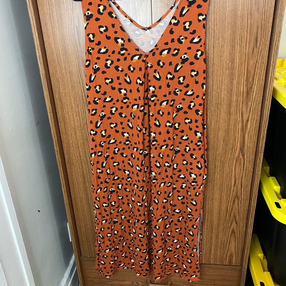 Joyspun Leopard Print Midi Dress Womens L 12-14 Orange Sleeveless V-Neck